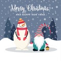 Beautiful flat design Christmas card with snowman and gnome