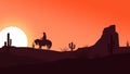 Beautiful flat illustration desert landscape with cowboy on horse