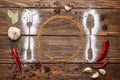 Beautiful flat lay composition with different spices, silhouettes of cutlery and plate on wooden background. Space for text Royalty Free Stock Photo