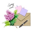Beautiful flat lay set with lilac, envelope, pen, stickers.