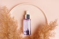 Beautiful flat lay skin care, cosmetic bottle serum liquid dropper on pink background with pampas grass
