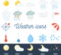 Beautiful flat weather icons set. 22 vector icons for different types of weather