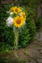 Beautiful floral arrangement or decoration for wedding or event. Sunflower Wedding Table centepiece/ summer colors. Royalty Free Stock Photo