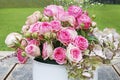 Beautiful floral arrangement with pink roses, hortensia and gypsophila paniculata Royalty Free Stock Photo