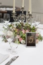 Beautiful floral arrangement on the table on the wedding day