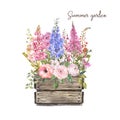 Beautiful floral arrangement in a wooden box planter, watercolor botanical illustration, isolated