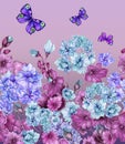 Beautiful floral background with pelargonium flowers and butterflies in bright, vivid colors. Seamless botanical pattern, border.