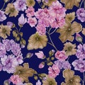 Beautiful floral background with pelargonium flowers and leaves on blue background. Seamless botanical pattern.