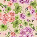 Beautiful floral background with pelargonium flowers and leaves. Seamless botanical pastel colored pattern. Watercolor painting.