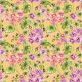 Beautiful floral background with pelargonium flowers and leaves on yellow background. Seamless botanical pattern.