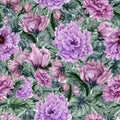 Beautiful floral background with purple viola flowers and leaves. Seamless botanical pattern. Watercolor painting. Hand painted Royalty Free Stock Photo