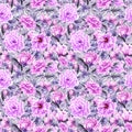 Beautiful floral background with purple viola flowers and leaves. Seamless botanical pattern. Watercolor painting. Hand painted