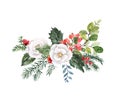 Beautiful floral bouquet made with watercolor. Winter greenery, flowers, berries. Christmas holiday wreath illustration Royalty Free Stock Photo