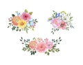 Watercolor floral bouquets set. Hand drawn spring flowers. Pink, yellow, coral flowers and greenery foliage. Wildflower wreaths