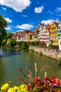 Beautiful floral colorful town Tubingen in Germany Baden-Wurttemberg. Houses at river Neckar and Hoelderlin tower, Tuebingen,