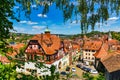 Beautiful floral colorful town Tubingen in Germany Baden-Wurttemberg. Houses at river Neckar and Hoelderlin tower, Tuebingen,
