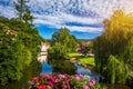 Beautiful floral colorful town Tubingen in Germany Baden-Wurttemberg. Houses at river Neckar and Hoelderlin tower, Tuebingen,
