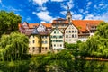 Beautiful floral colorful town Tubingen in Germany Baden-Wurttemberg. Houses at river Neckar and Hoelderlin tower, Tuebingen,