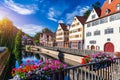 Beautiful floral colorful town Tubingen in Germany Baden-Wurttemberg. Houses at river Neckar and Hoelderlin tower, Tuebingen,