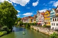 Beautiful floral colorful town Tubingen in Germany Baden-Wurttemberg. Houses at river Neckar and Hoelderlin tower, Tuebingen,