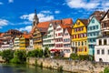 Beautiful floral colorful town Tubingen in Germany Baden-Wurttemberg. Houses at river Neckar and Hoelderlin tower, Tuebingen,