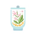 Beautiful floral composition in glass vessel. Green leaves and pink blooming flowers in transparent terrarium. Botanical