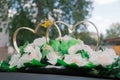 Beautiful floral decoration is on a wedding car. Royalty Free Stock Photo