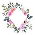 Botanical romantic floral wreath, watercolor blush pink flowers,green leaf and foliage on white background. Summer roses frame. Royalty Free Stock Photo