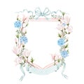 Beautiful floral frame with gentle watercolor hand drawn pink magnolia and blue hydrangea flowers. Wedding clip art