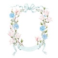 Beautiful floral frame with gentle watercolor hand drawn pink magnolia and blue hydrangea flowers. Wedding clip art