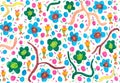 Beautiful floral hand drawn with felt-tip pens seamless pattern, blue and green flowers pattern, simple style
