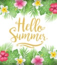 Beautiful Floral Hello Summer Poster with Tropical Leaves and Flowers
