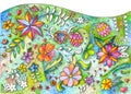 Beautiful floral lawn. Different summer flowers. Hand drawn picture