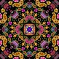 Beautiful floral ornament with bright flowers and paisley. Festive seamless pattern. Bandana print. Pillowcase. Print for fabric