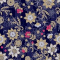 Beautiful floral ornament with russian ethnic motifs. Seamless patterns with flowers and berries on striped background Royalty Free Stock Photo