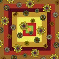 Beautiful floral pattern: multicolored geometric flowers on a background of multicolored squares yellow, brown, red.