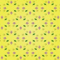 Beautiful floral pattern: pink and green leaves, black spiral on a bright yellow background.