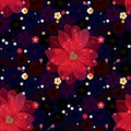 Beautiful floral seamless pattern. Bright red flowers on ditsy floral background. Fashion design. Print for fabric