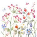 Beautiful floral seamless pattern with cute watercolor hand drawn abstract wild flowers. Stock illustration.