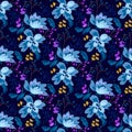 Beautiful floral seamless pattern design, pretty tiny abstract flowers and leaves on a dark blue color background