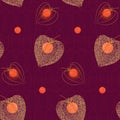 beautiful floral seamless pattern with eastern motifs, orange physalis fruits on juicy vinous background, editable vector