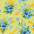 Beautiful floral seamless pattern with forget-me-not and mimosa. Royalty Free Stock Photo