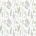 Beautiful floral seamless pattern with hand drawn watercolor spearmint flowers. Stock illustration.