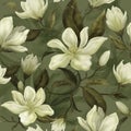 Beautiful floral seamless pattern. Hand painted magnolia flowers on green background. Royalty Free Stock Photo