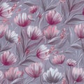 Beautiful floral seamless pattern with hand-painted pink flowers and delicate leaves. Oil painting illustration. Abstract template Royalty Free Stock Photo