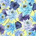 Beautiful floral seamless pattern. Large blue lotus flowers with purple leaves. Exotic background. Hand drawn illustration. Royalty Free Stock Photo