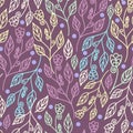 Floral seamless pattern with leaves and flowers in purple background Royalty Free Stock Photo