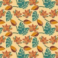 Beautiful floral seamless pattern of myrtle green, liver organ, fulvous, bronze color lotus flower, lotus bud and leaf .