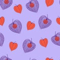 Beautiful floral seamless pattern with orange physalis fruits, juicy purple background, editable vector illustration, for fabric