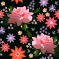 Beautiful floral seamless pattern with pink roses and abstract embroidery flowers on black background